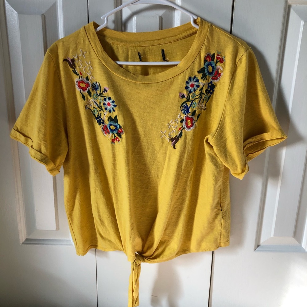 Yellow Cropped Knot Shirt; embroidered flowers